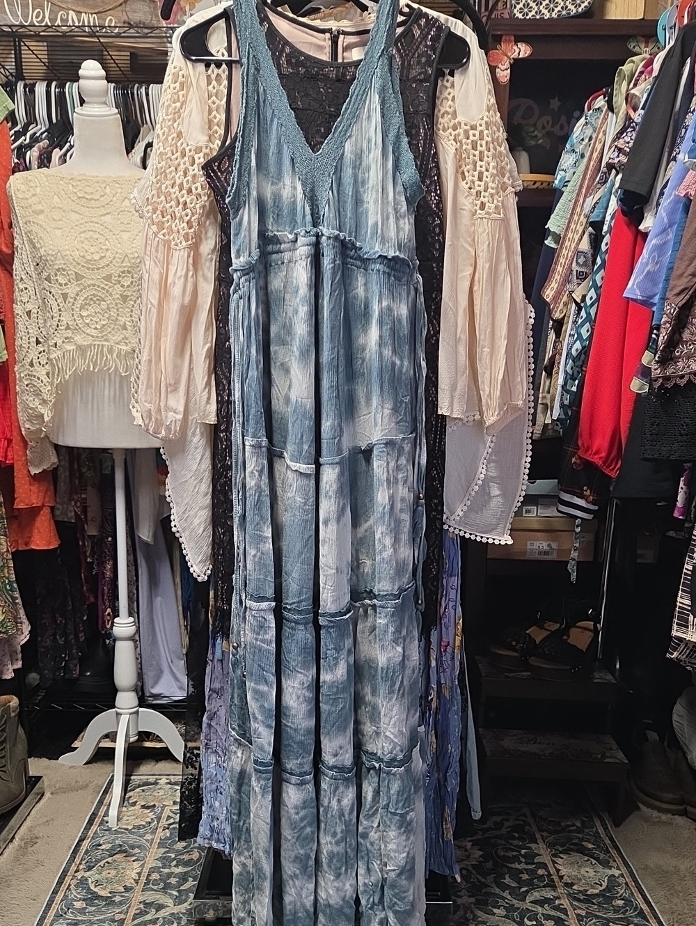 Women's Teal Tie Dye Tiered Maxi Dress Size L
